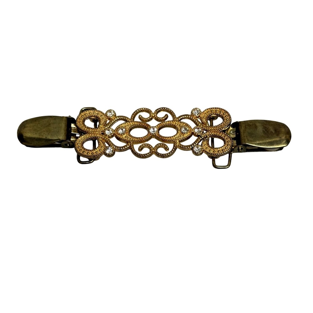 Rhinestone Sweater Clip Guard‎ Gold Tone Filigree Costume Jewelry Shawl Pin